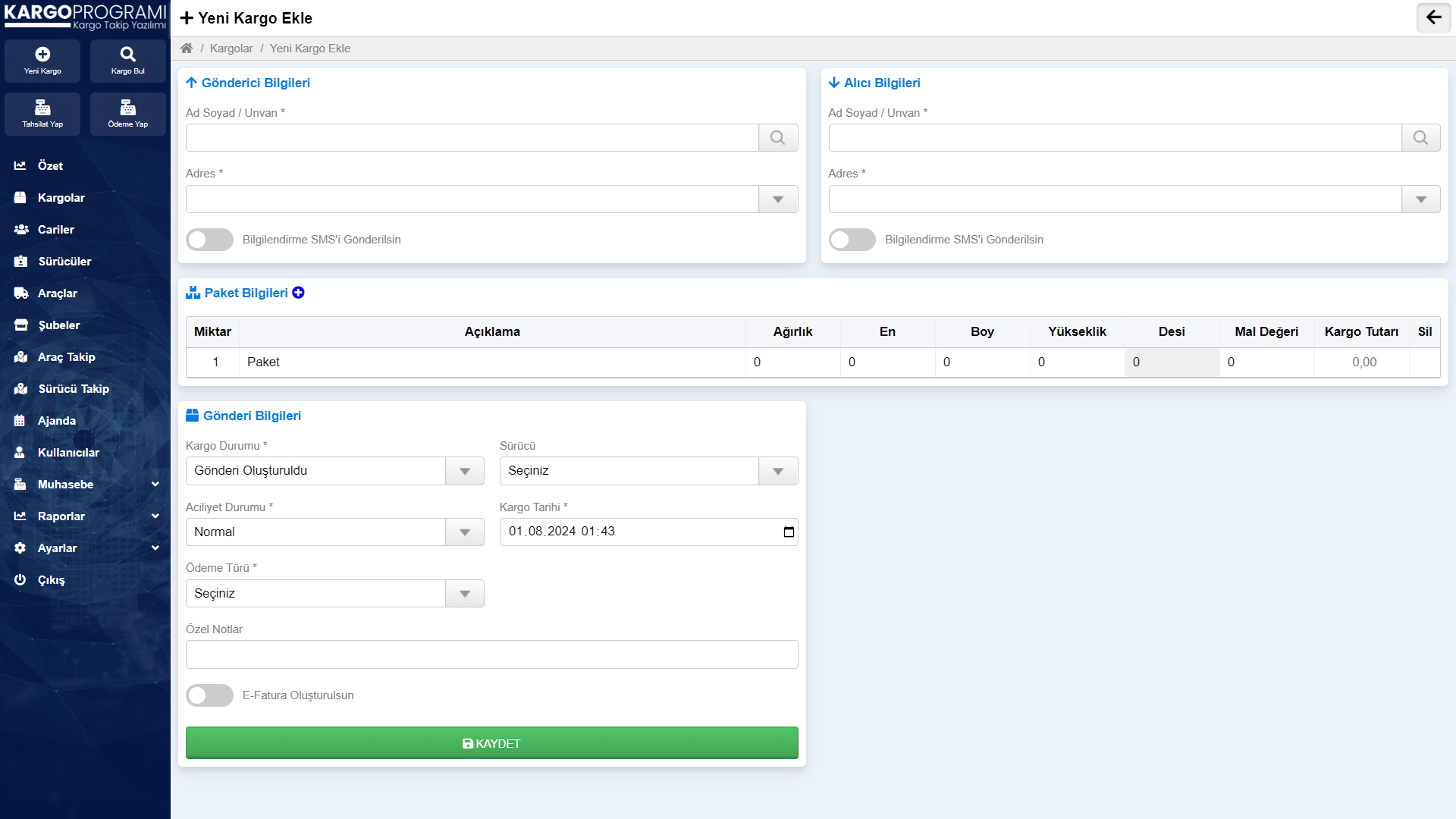 Kargo Programı - Kargo Ekleme Ekranı